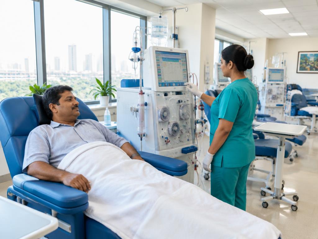 AI-generated illustration: Patient resting in a dialysis chair with a nurse beside the machine
